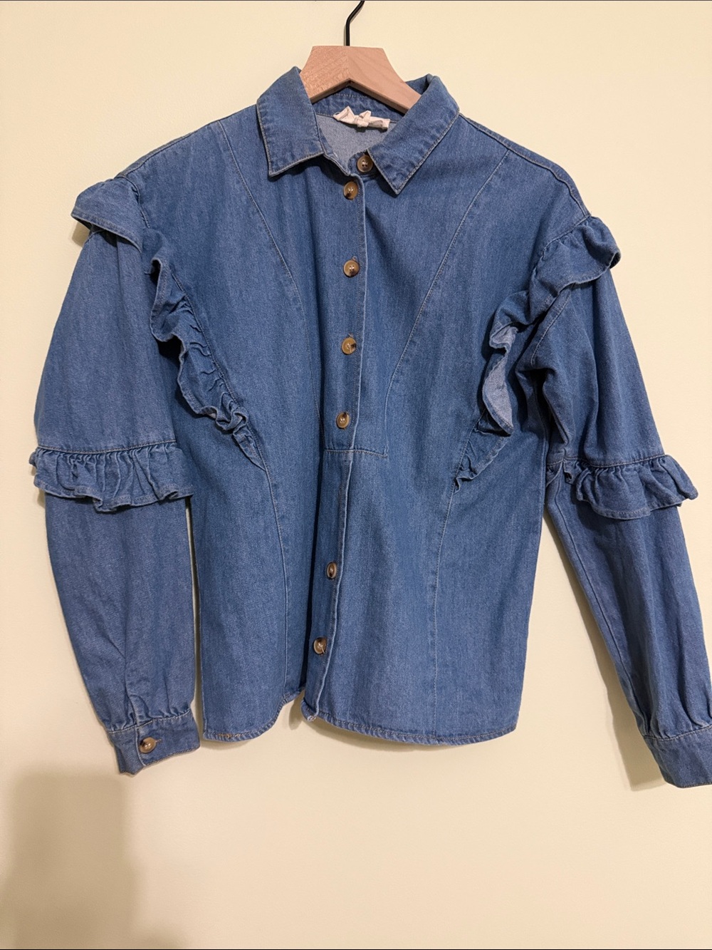 Blue Denim Ruffle Button-Up Blouse